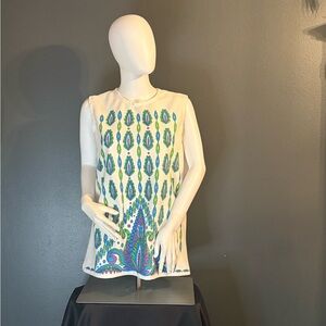 Vintage Women's 60s Sleeveless Top with Blue and Green Peacock Feathers Pattern